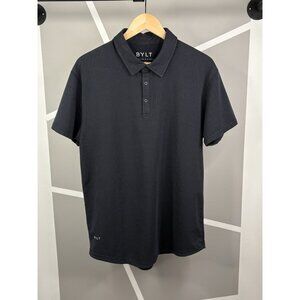 BYLT Lux Drop Cut Short Sleeve Polo Shirt Men’s L Navy Blue Stretch Grey Dot AOP